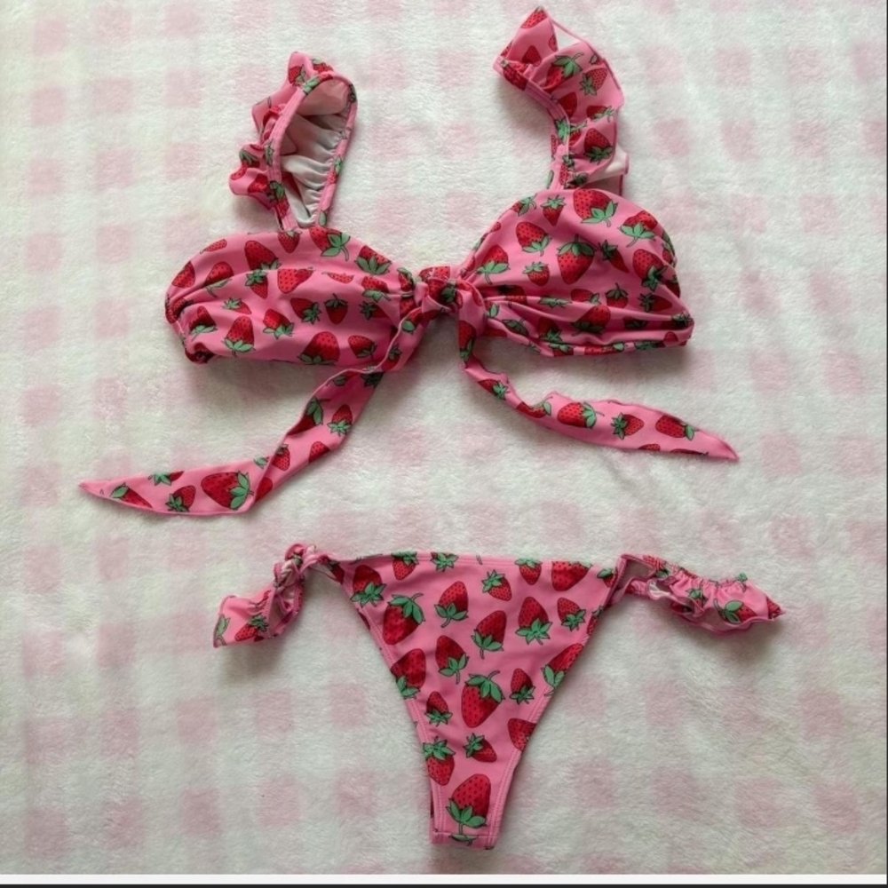 Strawberry Print Pink Kids Bikini Set